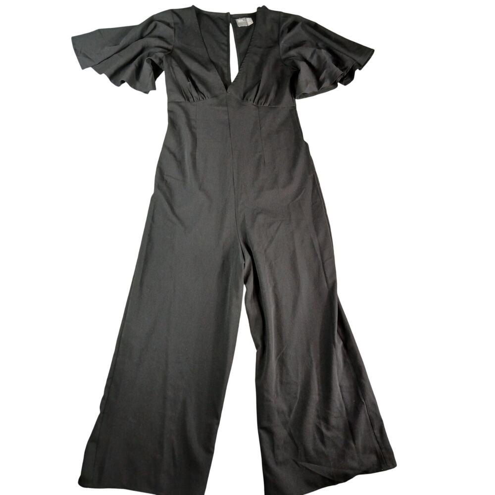 ASOS Jumpsuit Women Size 2 Black Jumper Flowy Wide Leg Zipper Cape Sleeve V Neck